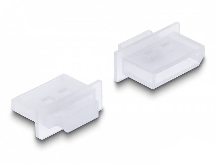 Zwei transparente Kunststoffverschlüsse liegen nebeneinander auf weißem Hintergrund; sie scheinen als Schutzabdeckungen zu dienen.