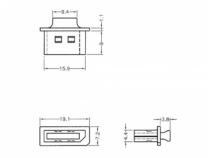Technische Zeichnung eines Steckverbinders mit Maßen: 15,9x9,4 mm, Höhe 9 mm; Seitenansicht zeigt Tiefe 19,1 mm, Breite 7,2 mm.