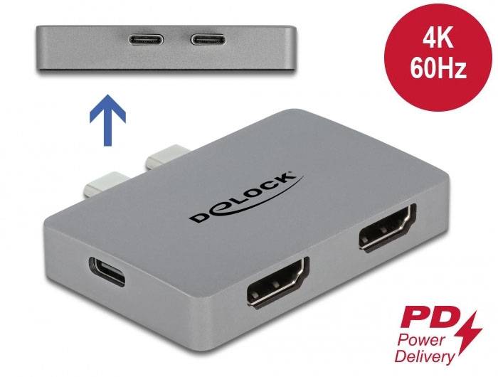 Ein USB-C-Adapter von Delock mit zwei HDMI-Ausgängen und einem USB-C-Anschluss. Unterstützt 4K bei 60Hz und Power Delivery.