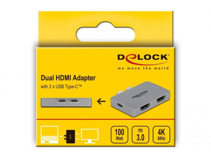 'Delock Dual HDMI Adapter' Verpackung mit 2 USB Typ-C Anschlüssen. Eigenschaften: 100 Watt, PD 3.0, 4K 60Hz.