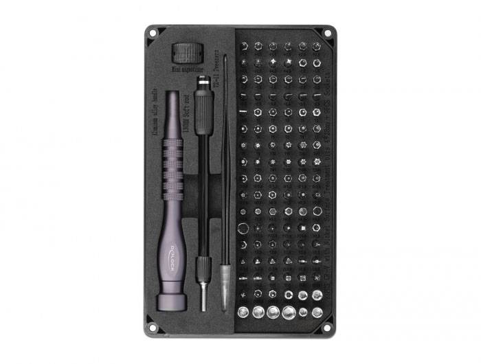 Ein Präzisions-Schraubendreher-Set mit verschiedenen Bits und Griffen, ideal für feine technische Arbeiten und Elektronikreparaturen.