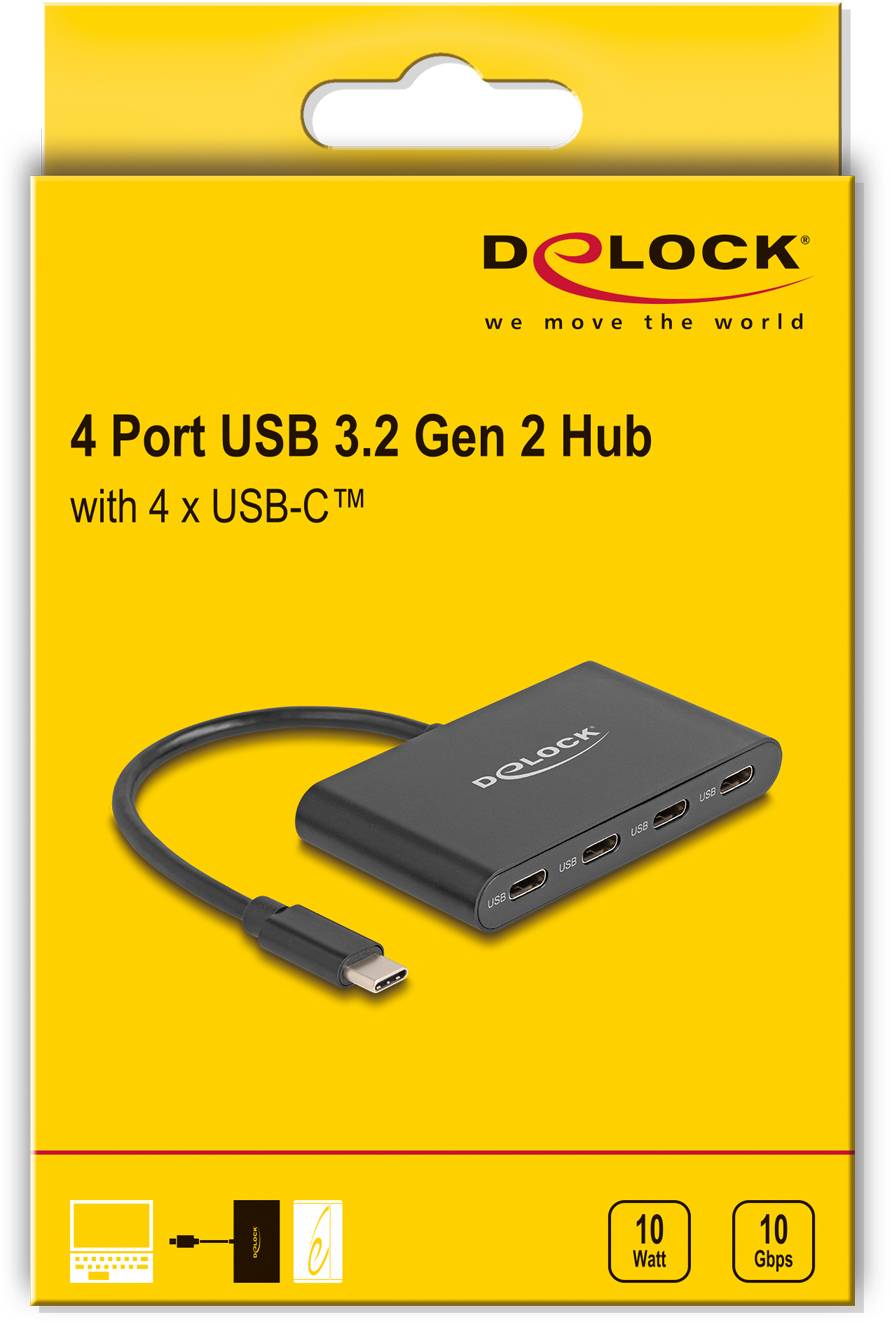 Delock 64129 USB-Hub 4 Port USB-C® USB 3.2 Gen2 10 GBit/s mit USB-C® Stecker Schwarz 64129