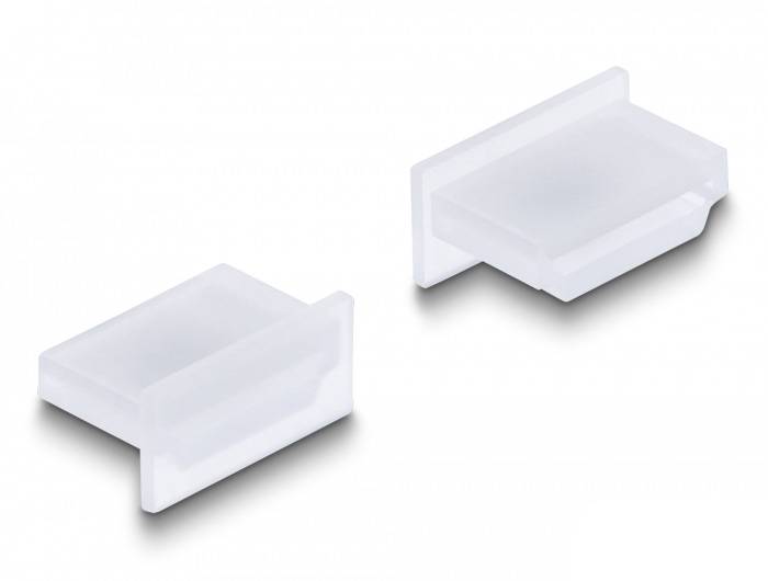 Zwei weiße, rechteckige Kunststoffteile, die als Abdeckungen für offene Enden von Profilen dienen, auf weißem Hintergrund.