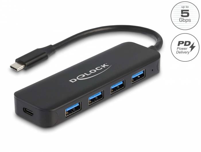 Delock 64170 USB-Hub 4 Port USB-A USB 3.2 Gen1 5 GBit/s mit USB-C® Stecker Schwarz 64170
