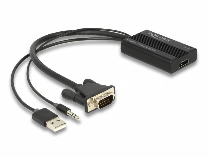 Ein VGA-zu-HDMI-Konverter mit USB- und Klinkensteckeranschluss, geeignet zur Umwandlung von analogen zu digitalen Signalen.