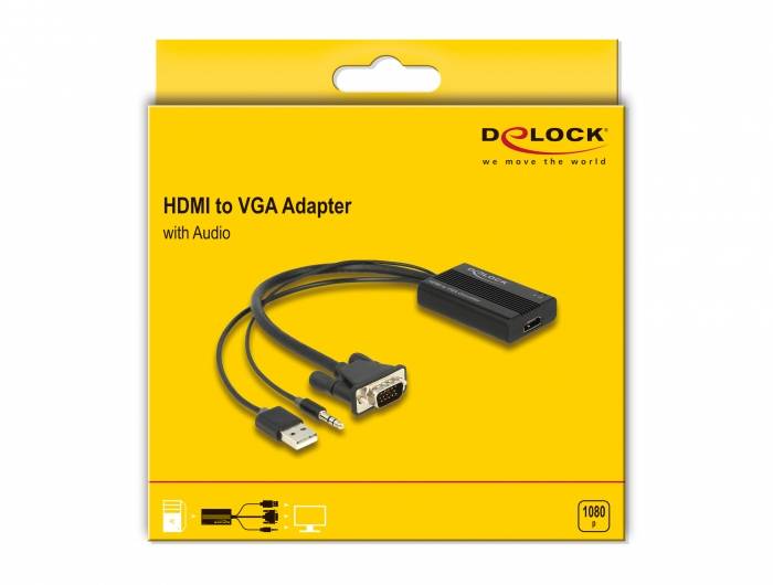 'HDMI to VGA Adapter mit Audio' für die Verbindung von HDMI-kompatiblen Geräten mit VGA-Anzeigegeräten. Enthält HDMI, VGA und USB-Kabel.