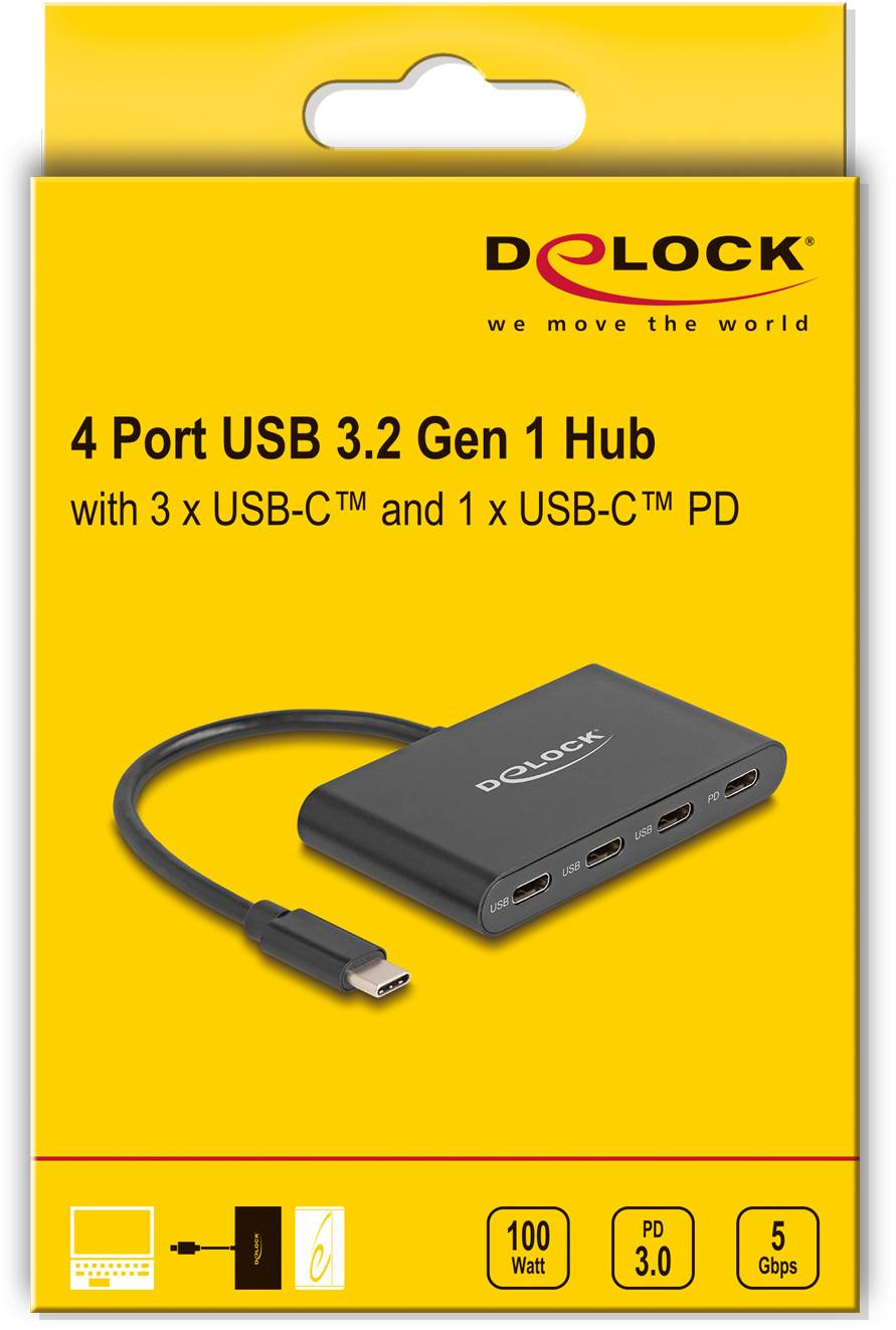 Delock 64174 USB-Hub 4 Port USB-C® USB 3.2 Gen1 5 GBit/s mit USB-C® Stecker Schwarz 64174