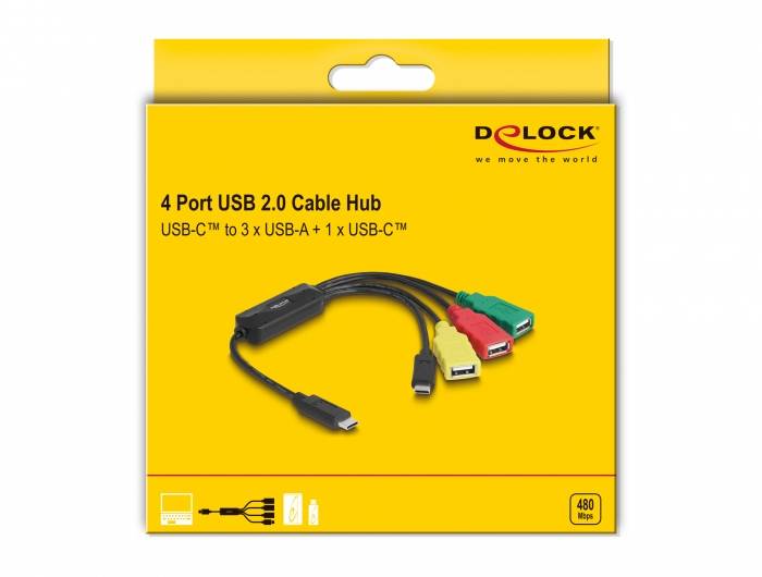 Delock 64203 USB-Hub 3+1 Port USB-A, USB-C® USB 2.0 480MBit/s mit USB-C® Stecker Mehrfarbig 64203