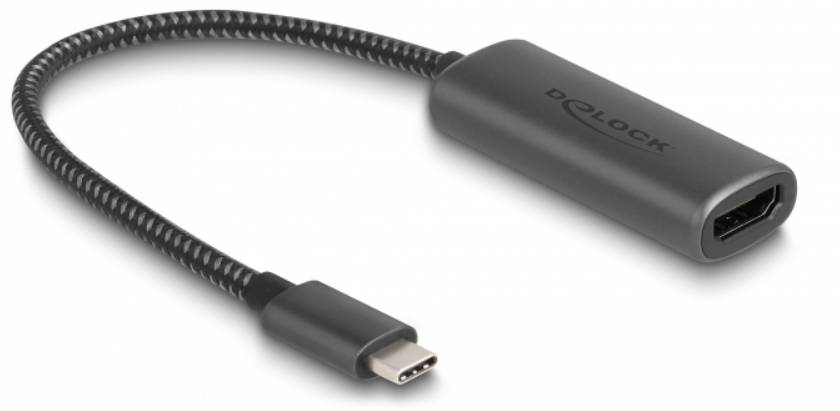 Ein USB-C-auf-HDMI-Adapter von Delock, schwarz, zum Verbinden eines USB-C-Geräts mit einem HDMI-Display.