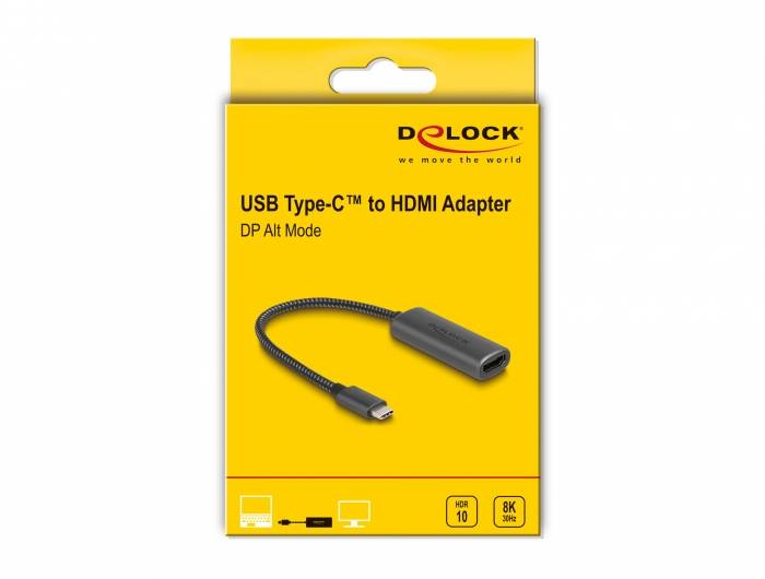 Gelbe Verpackung eines 'USB Type-C to HDMI Adapter'. Zeigt ein schwarzes Adapterkabel für Videoübertragung.