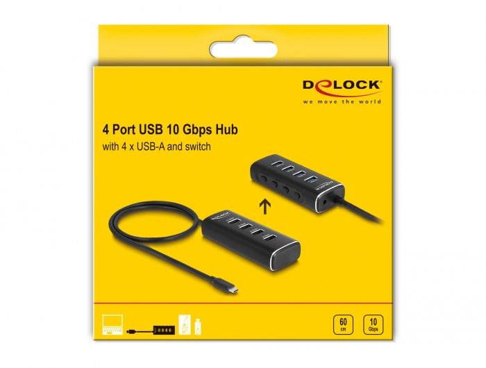 Delock 64233 USB-Hub 4 Port USB-A, DC-Buchse 3.5mm USB 3.2 Gen2 10 GBit/s mit USB-C® Stecker Schwarz 64233