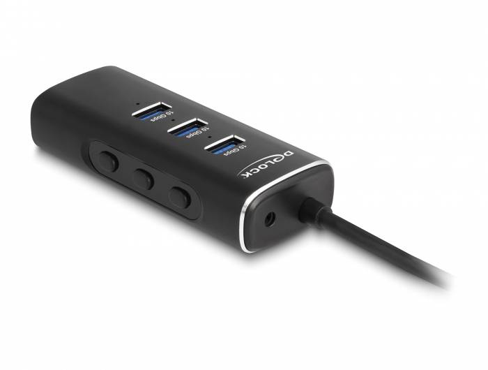 Delock 64234 USB-Hub 3 Port USB-A, SD, microSD, DC-Buchse 3.5mm USB 3.2 Gen2 10 GBit/s mit USB-C® Stecker Schwarz 64234