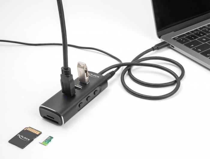 Delock 64234 USB-Hub 3 Port USB-A, SD, microSD, DC-Buchse 3.5mm USB 3.2 Gen2 10 GBit/s mit USB-C® Stecker Schwarz 64234