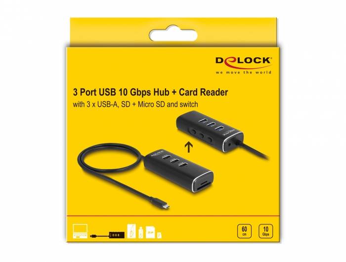Delock 64234 USB-Hub 3 Port USB-A, SD, microSD, DC-Buchse 3.5mm USB 3.2 Gen2 10 GBit/s mit USB-C® Stecker Schwarz 64234