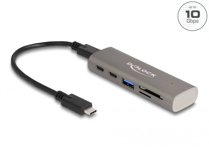 Delock 64236 USB-Hub 2+1 Port USB-A, USB-C®, SD, microSD USB 3.2 Gen2 10 GBit/s mit USB-C® Stecker Grau 64236