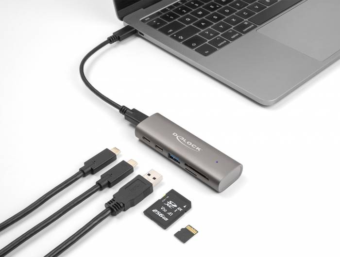 Delock 64236 USB-Hub 2+1 Port USB-A, USB-C®, SD, microSD USB 3.2 Gen2 10 GBit/s mit USB-C® Stecker Grau 64236