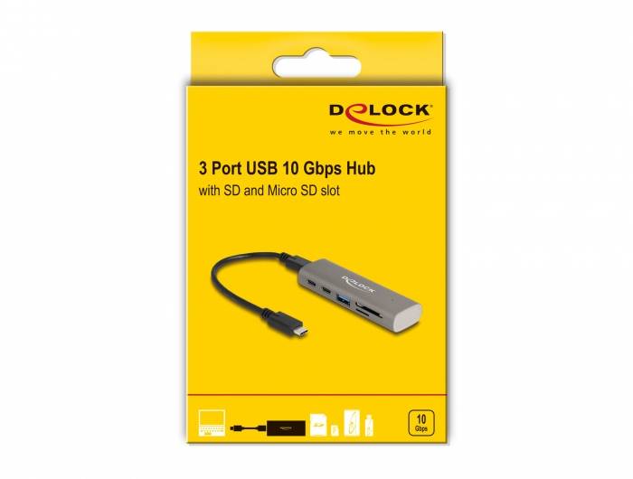 Delock 64236 USB-Hub 2+1 Port USB-A, USB-C®, SD, microSD USB 3.2 Gen2 10 GBit/s mit USB-C® Stecker Grau 64236
