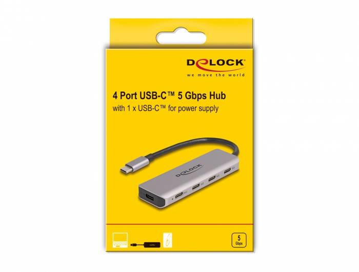 Delock 64238 USB-Hub 4 Port USB-C® USB 3.2 Gen1 5 GBit/s mit USB-C® Stecker Grau 64238