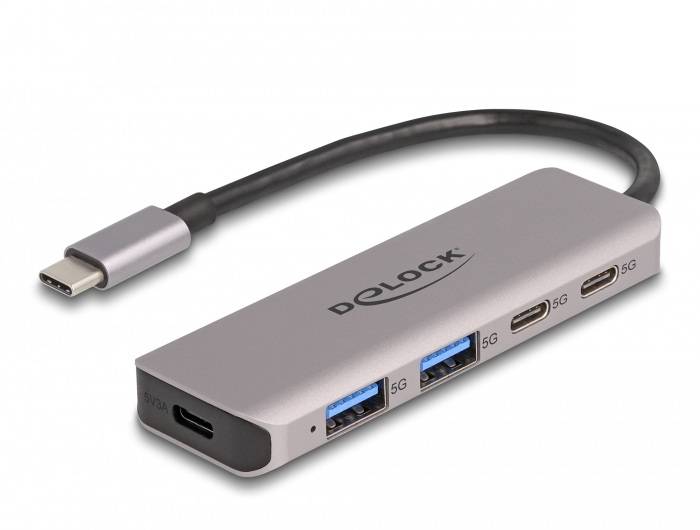 Delock 64239 USB-Hub 2+2 Port USB-A, USB-C® USB 3.2 Gen1 5 GBit/s mit USB-C® Stecker Grau 64239