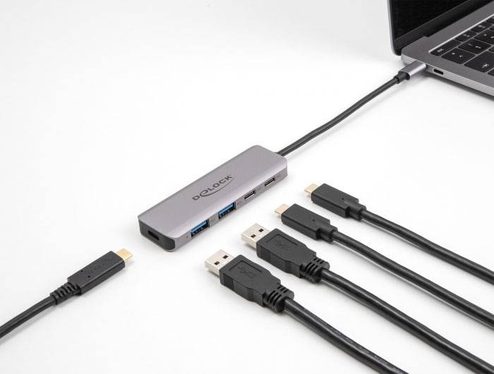 Delock 64239 USB-Hub 2+2 Port USB-A, USB-C® USB 3.2 Gen1 5 GBit/s mit USB-C® Stecker Grau 64239
