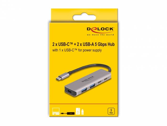 Delock 64239 USB-Hub 2+2 Port USB-A, USB-C® USB 3.2 Gen1 5 GBit/s mit USB-C® Stecker Grau 64239