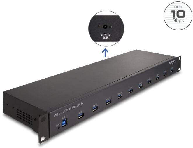 Delock 64240 USB-Hub 10 Port USB-A, DC-Buchse 3.5mm USB 3.2 Gen1 5 GBit/s Schwarz 64240