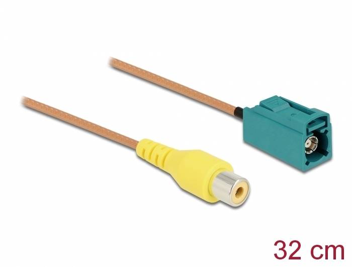 32 cm langes Kabel mit gelbem RCA-Stecker und blauem Fakra-Stecker, verwendet für Audio- oder Videoverbindungen in Fahrzeugen.