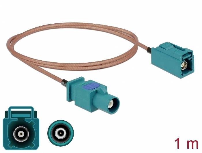 Ein 1 Meter langes, braunes Koaxialkabel mit zwei blauen Fakra-Steckern an beiden Enden, geeignet für Radio- oder GPS-Verbindungen.