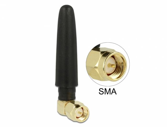Kleine schwarze Antenne mit SMA-Stecker, geeignet für drahtlose Geräte. Nahaufnahme zeigt den goldfarbenen Anschluss im Detail.