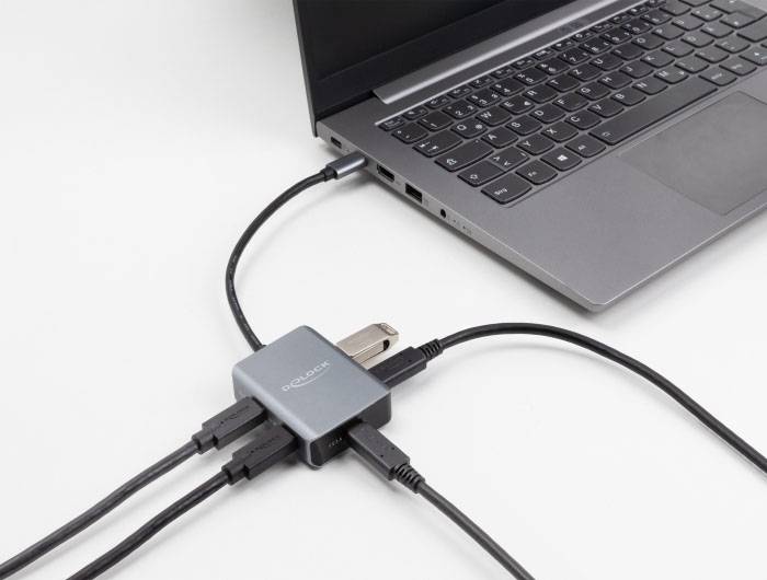 Delock 64249 USB-Hub 4 Port USB-C® USB 3.2 Gen2 10 GBit/s mit USB-C® Stecker Schwarz, Grau 64249