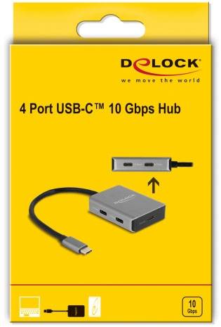 Delock 64249 USB-Hub 4 Port USB-C® USB 3.2 Gen2 10 GBit/s mit USB-C® Stecker Schwarz, Grau 64249