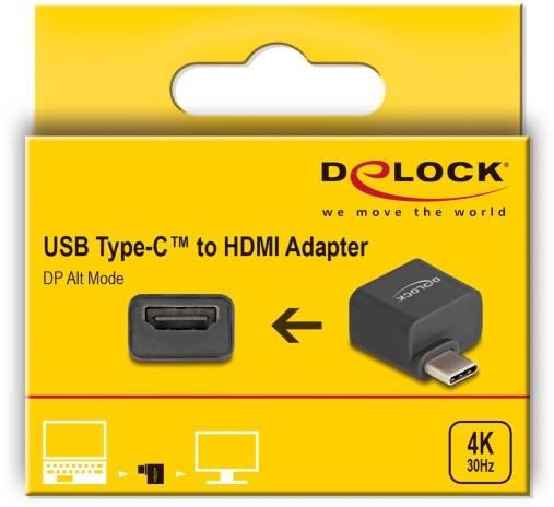 Gelbe Verpackung eines USB Type-C™ zu HDMI Adapters mit 4K bei 30Hz. Markenname oben rechts, Illustrationen für die Nutzung unten.