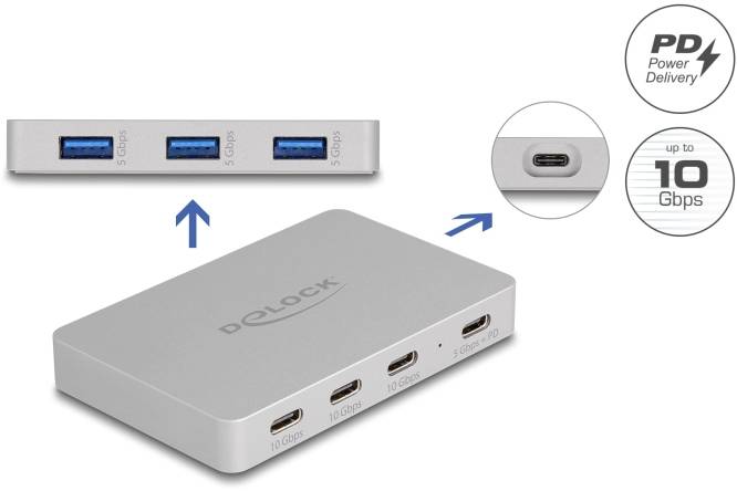 Delock 64279 USB-Hub 4+3 Port USB-A, USB-C® USB 3.2 Gen2 10 GBit/s mit USB-C® Stecker Grau 64279