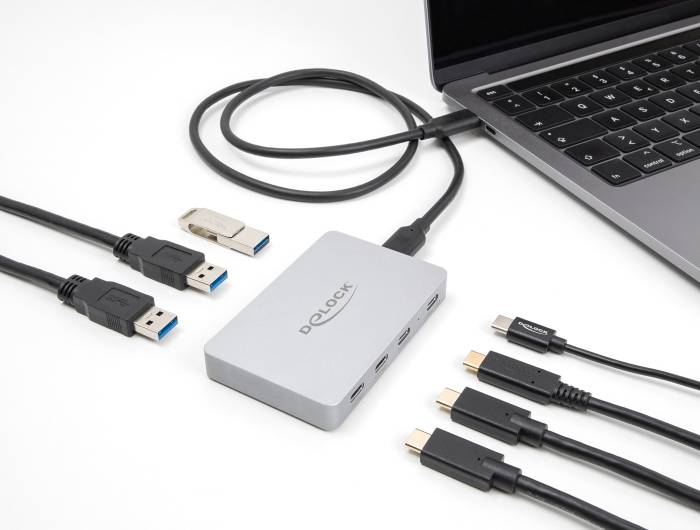 Delock 64279 USB-Hub 4+3 Port USB-A, USB-C® USB 3.2 Gen2 10 GBit/s mit USB-C® Stecker Grau 64279
