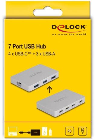 Delock 64279 USB-Hub 4+3 Port USB-A, USB-C® USB 3.2 Gen2 10 GBit/s mit USB-C® Stecker Grau 64279