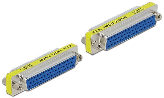 Zwei parallele Schnittstellenadapter mit blauen Buchsen und gelben Etiketten; beschriftet mit U.S. Patentnummer 5199680.