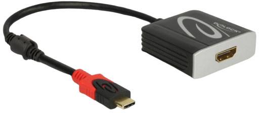 Ein Adapterkabel mit schwarzem und rotem Stecker verbindet ein HDMI-Ausgangsmodul mit einem Mini-DisplayPort-Stecker.