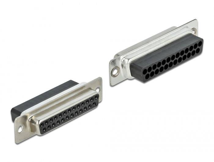 Abbildung zweier D-Sub-Stecker: Einer mit 25 Pins und ein passendes Gegenstück mit Kontaktöffnungen. Verwendet für serielle Schnittstellen.