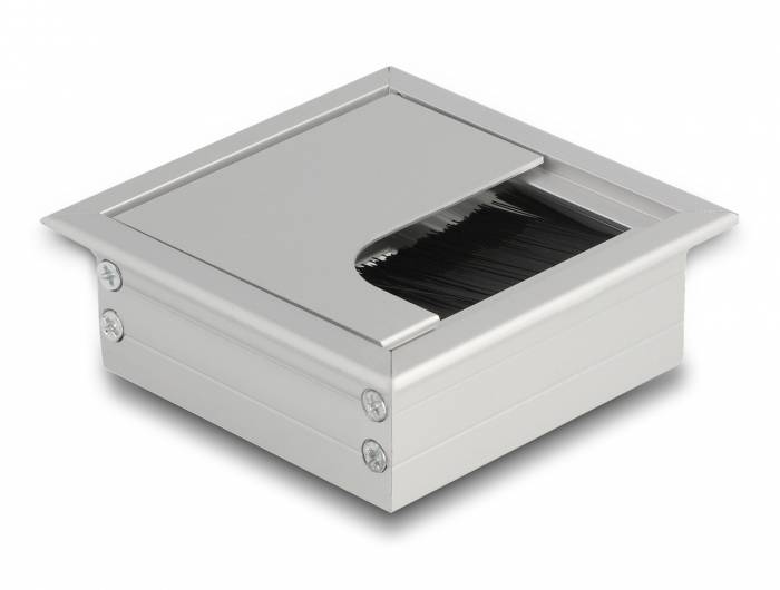 Silberner Kabeldurchlass aus Metall für Bürotische, mit quadratischer Form und Bürstendichtung zur Kabelorganisation.