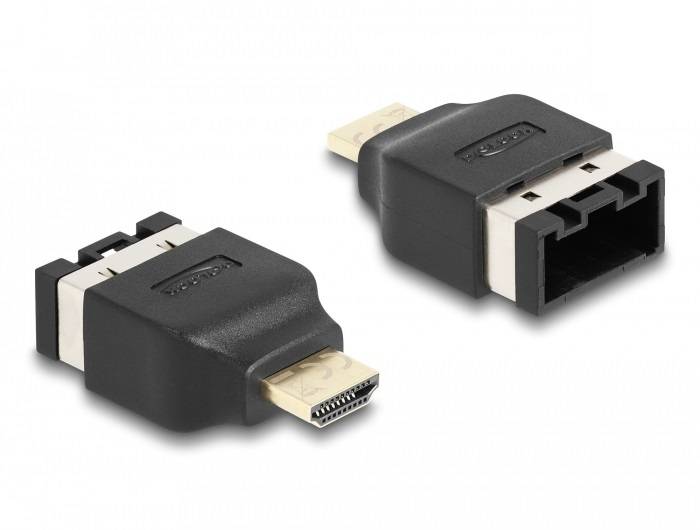 Zwei schwarze Adapter mit HDMI- und DisplayPort-Anschlüssen, zeigen verschiedene Perspektiven.