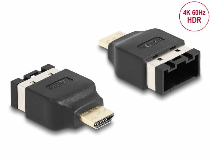 Adapterkabel mit HDMI-Stecker und DVI-Buchse, geeignet für 4K 60Hz HDR-Übertragungen, abgebildet von zwei Seiten.