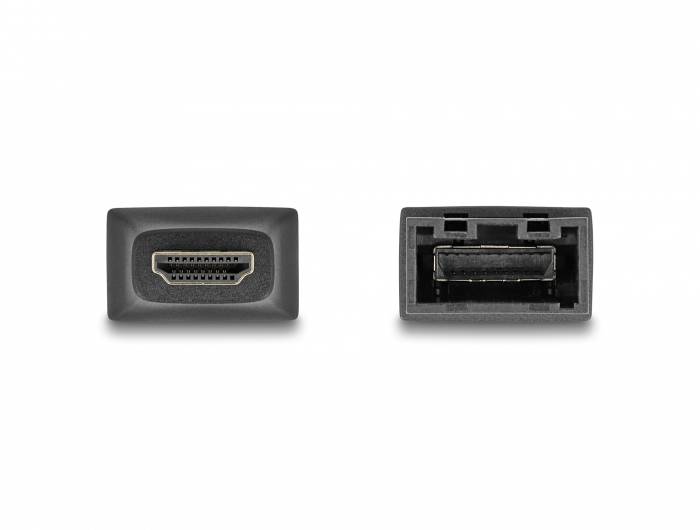 Zwei schwarze Adapter: links HDMI-Anschluss, rechts DisplayPort-Anschluss. Anschlüsse zeigen nach vorne zur Ansicht der Stecker.