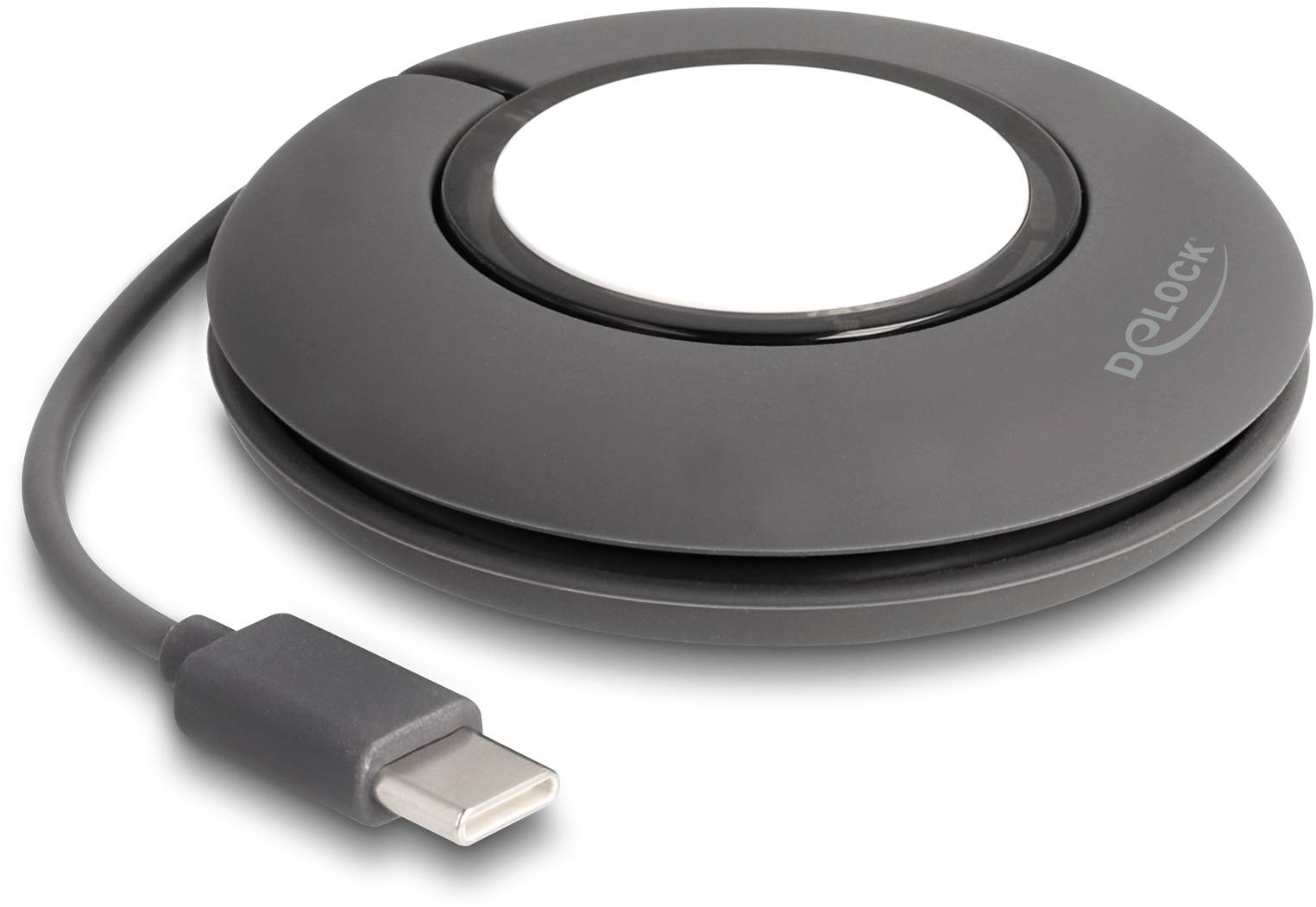 Ein schwarzer, runder USB-C Ladekabel-Organizer mit einer weißen Fläche in der Mitte und einem kurzen Kabel. Markenlogo ist sichtbar.