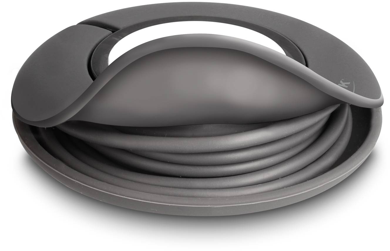 Dunkelgrauer Kabelorganizer, spiralförmig, zur ordentlichen Aufbewahrung von Kabeln.