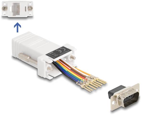 Ein Adapter mit RJ45-Buchse links und einem Stecker mit bunten Kabeln rechts. Verbindet R232-Anschlüsse über ein Netzwerkkabel.