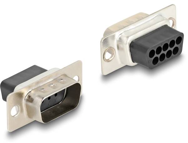 Zwei Metallstecker mit Kunststoffanschluss, einer zeigt nach oben und einer zur Seite. Beide haben rechteckige Öffnungen und mehrere Pins.