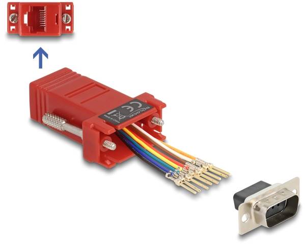 Roter Adapter mit mehrfarbigen Kabeln. Oben ist ein Ethernet-Anschluss, rechts ein DB9-Stecker. Adapter verbindet verschiedene Steckertypen.