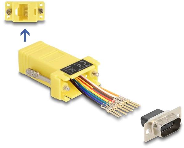 Ein gelber Adapter für die Verbindung von Kabeln zu einem seriellem DB9-Stecker. Der Adapter hat bunte Drähte und ist CE-zertifiziert.