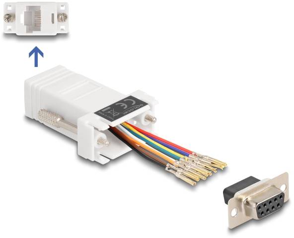 Ein Adapter mit mehreren farbigen Drähten verbindet einen RJ45-Stecker mit einer DB9-Buchse.