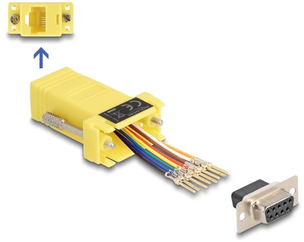 Gelber RJ45 auf DB9 Adapter, disassembled, with multicolored wires visible. Arrow indicates connection direction.